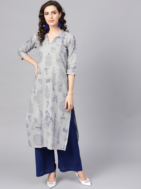 

AHIKA Women Grey & Navy Blue Printed Straight Kurta