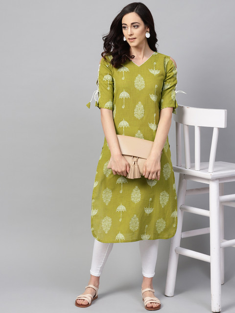 

AHIKA Women Green & White Printed Straight Kurta