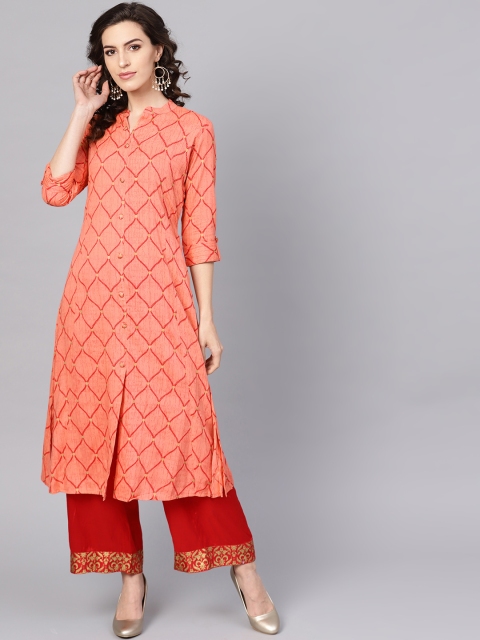 

AHIKA Women Peach-Coloured & Red Printed A-Line Kurta