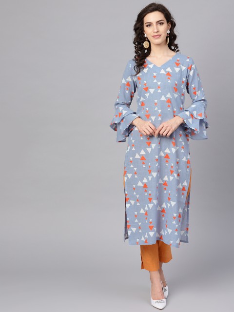 

AHIKA Women Blue & Coral Orange Printed Straight Kurta