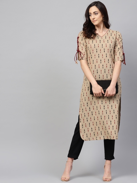 

AHIKA Women Beige & Maroon Printed Straight Kurta