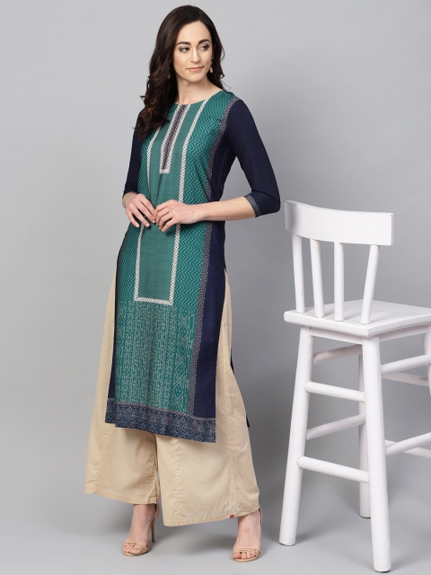 

AHIKA Women Navy & Green Printed Straight Kurta, Navy blue
