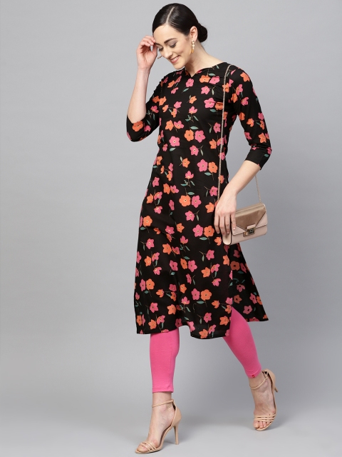 

AHIKA Women Black & Pink Printed Straight Kurta
