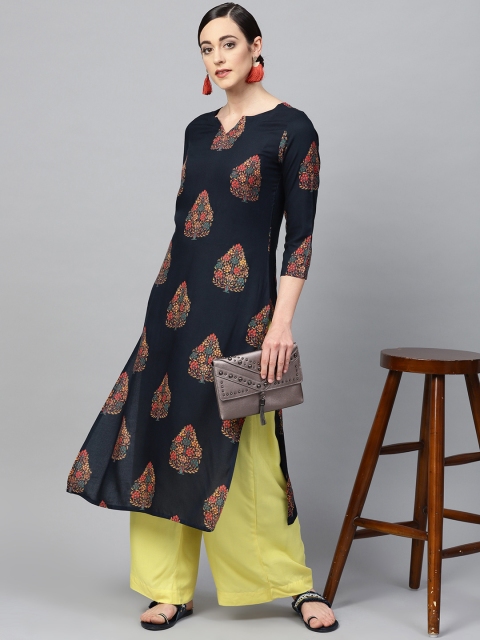 

AHIKA Women Navy Blue & Red Printed Straight Kurta