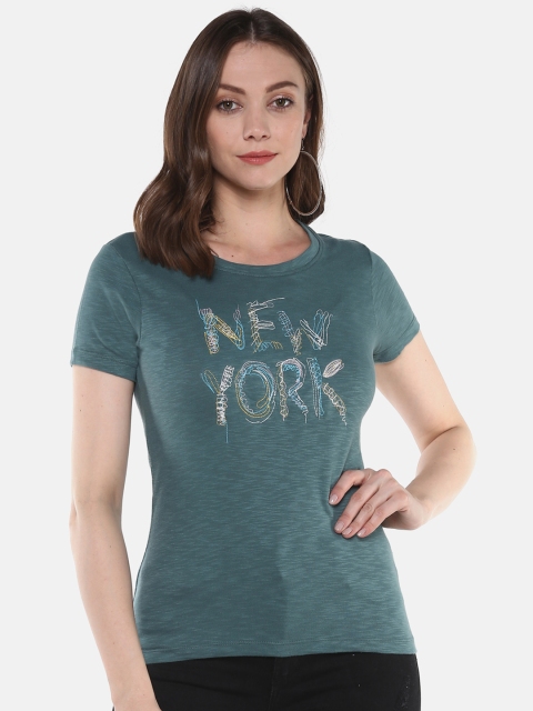 

HARBORNBAY Women Green Embroidered Round Neck Pure Cotton T-shirt