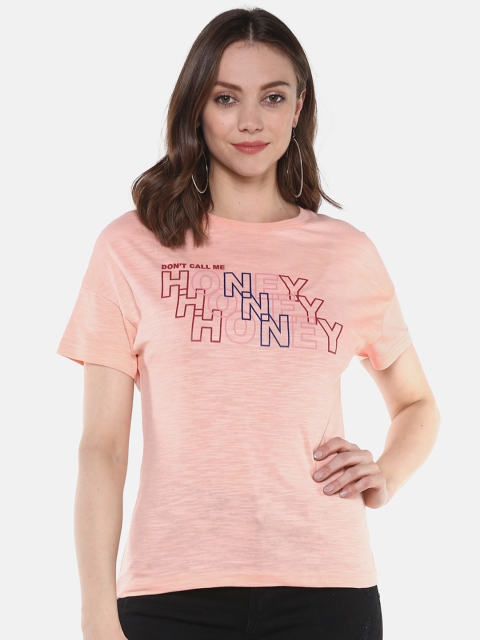 

HARBORNBAY Women Peach-Coloured Printed Round Neck Pure Cotton T-shirt