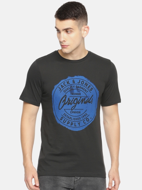 

Jack Jones Men Black Blue Printed Round Neck Pure Cotton T-shirt