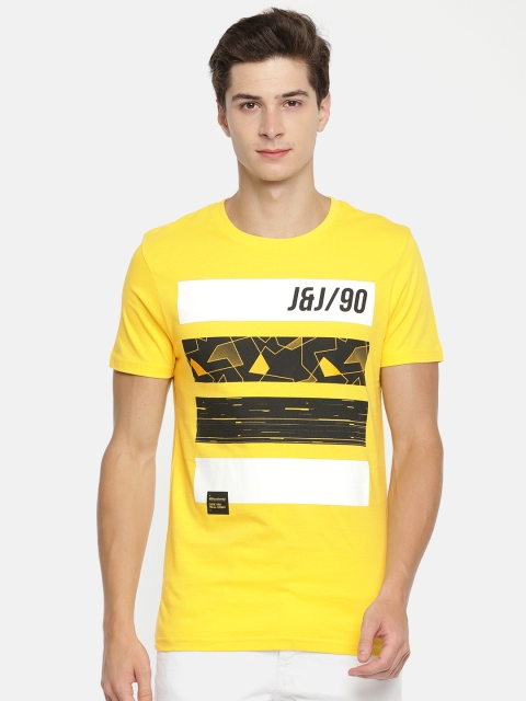 

Jack Jones Men Yellow Printed Round Neck Pure Cotton T-shirt