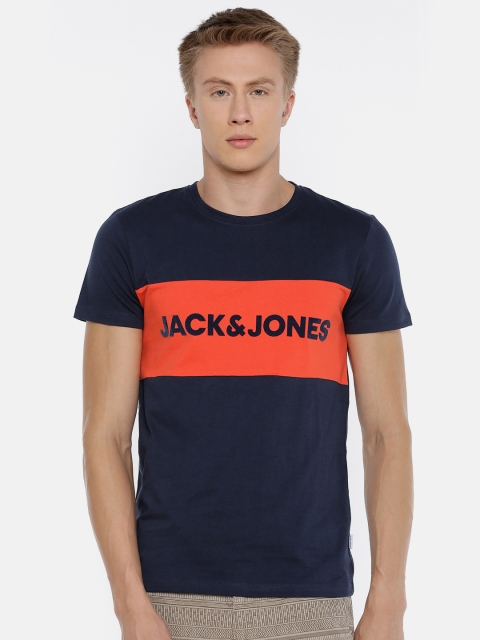 

Jack & Jones Men Navy Blue Colourblocked Round Neck T-shirt