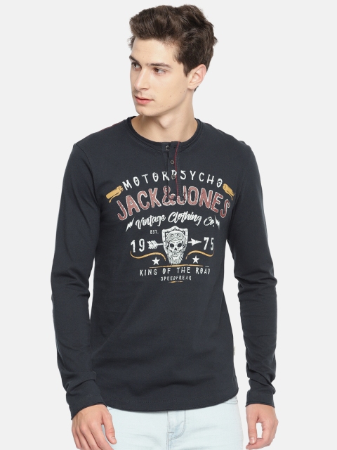 

Jack Jones Men Navy Blue Printed Round Neck Pure Cotton T-shirt