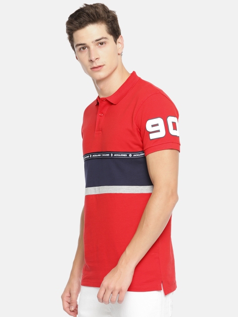 

Jack Jones Men Red Navy Blue Colourblocked Polo Collar Pure Cotton T-shirt