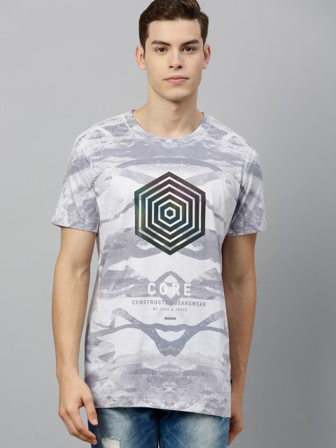 

Jack & Jones Men White & Grey Printed Round Neck T-shirt