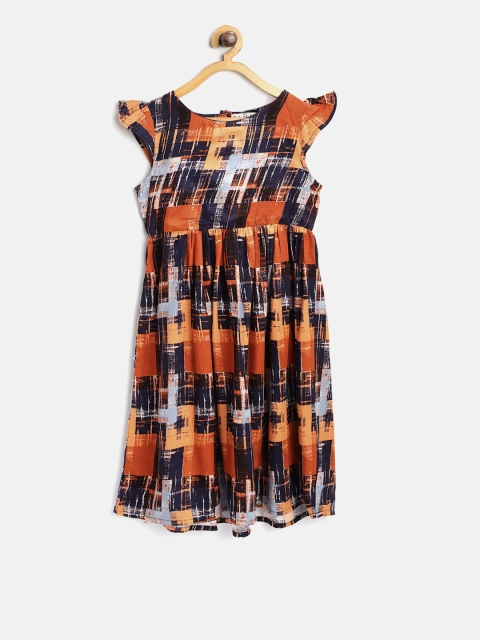 

Bella Moda Girls Navy Blue & Orange Printed Empire Dress