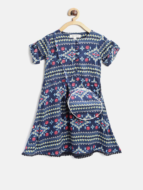 

Bella Moda Girls Navy Blue & Pink Printed A-Line Dress