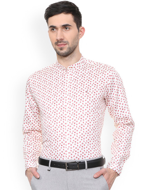 

V Dot Men Off-White & Pink Slim Fit Printed Party Shirt