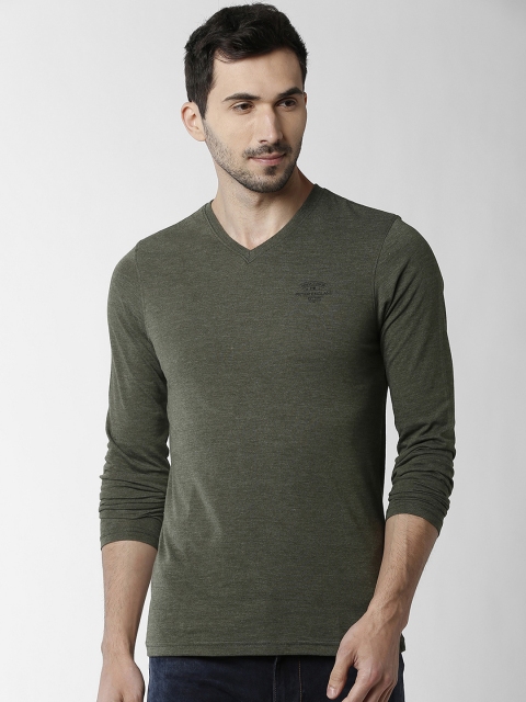 

Peter England Casuals Men Olive Green Solid V-Neck T-shirt