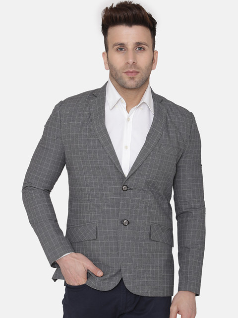 

Wintage Men Grey Checked Regular-Fit Single-Breasted Pure Cotton Blazer