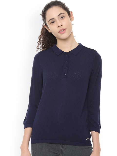 

Van Heusen Woman Navy Blue Self Design Polo Collar T-shirt