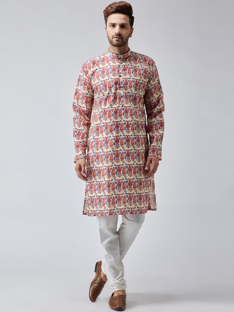 

SOJANYA Men Red & Lime Green Printed Kurta with Churidar