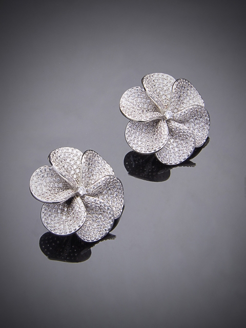 

shaze Women Silver-Toned CZ Stone Studded Floral Studs