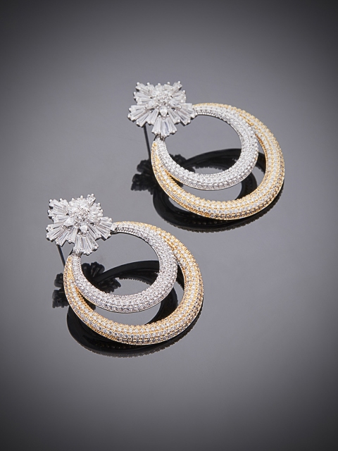 

shaze Women Silver-Toned & Gold-Toned CZ Stone Studded Circular Drop Earrings