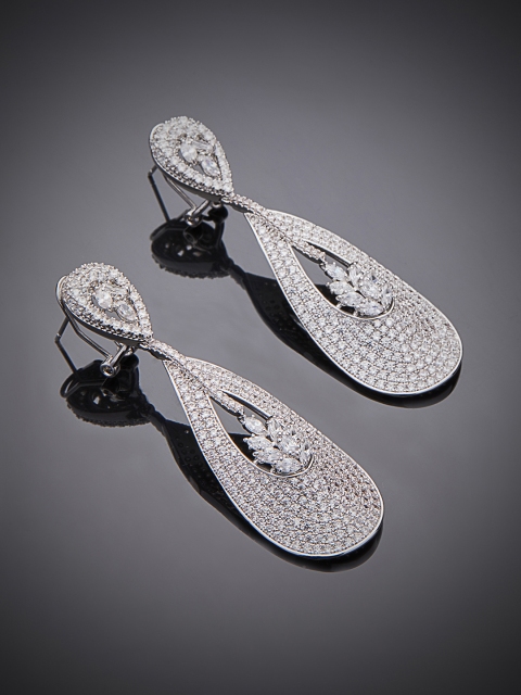 

shaze Women Silver-Toned CZ Stone Studded Teardrop Shaped Drop Earrings