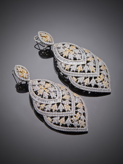 

shaze Women Silver-Toned & Gold-Toned CZ Stone Studded Leaf Shaped Drop Earrings