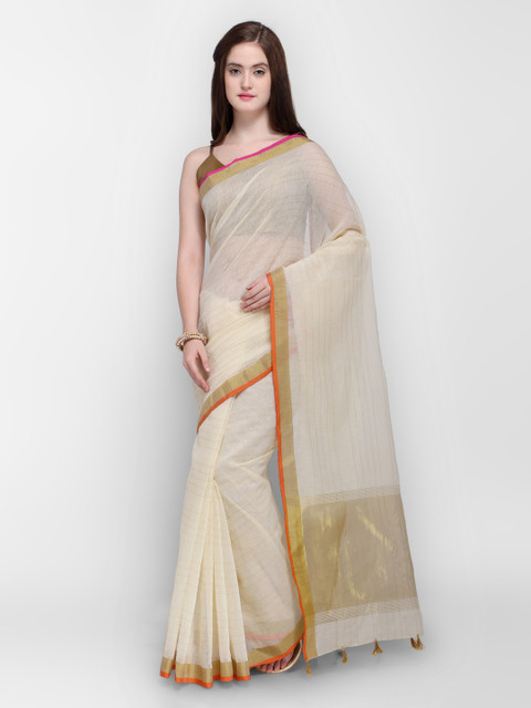 

Shaily Cream-Coloured Silk Cotton Striped Banarasi Saree