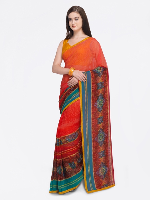 

Shaily Orange & Blue Pure Georgette Printed Saree