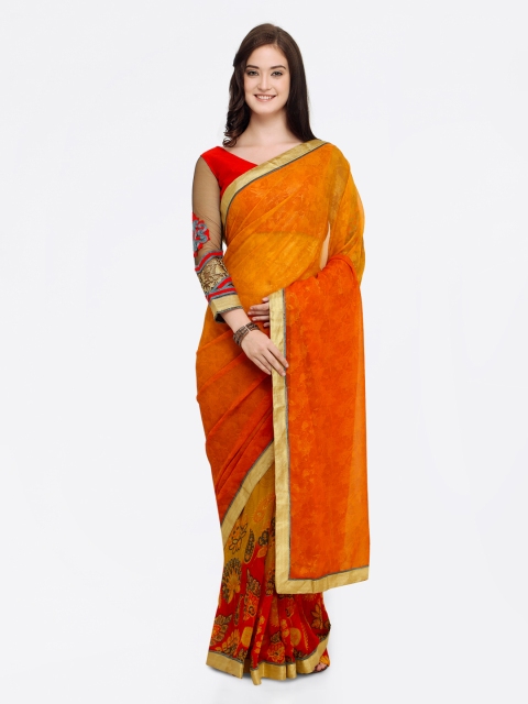 

Shaily Orange Printed Satin Saree