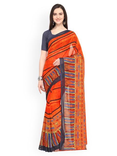 

Ligalz Orange & Blue Poly Chiffon Printed Saree