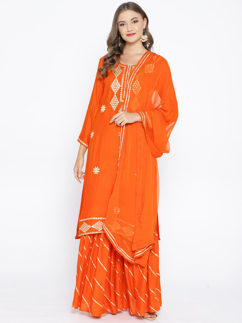 

Chhabra 555 Women Orange & Golden Gotta Patti Work Kurta with Sharara & Dupatta