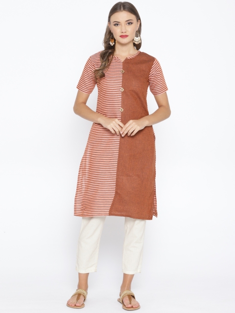 

Chhabra 555 Women Brown & Peach-Coloured Striped Straight Kurta