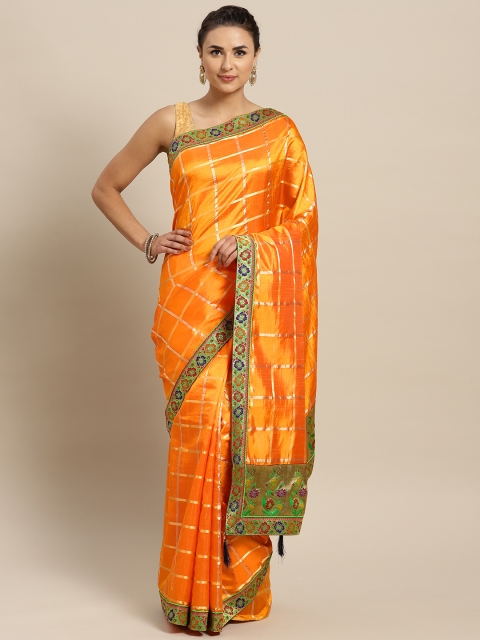 

Chhabra 555 Orange & Golden Self Checked Banarasi Saree