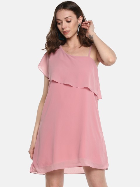 

sassystripes Women Pink Solid One-Shoulder Layered A-Line Dress