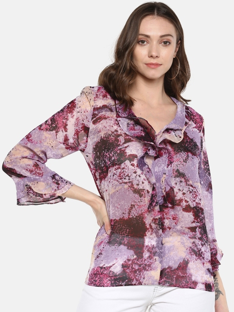 

sassystripes Women Purple & Pink Printed Semi-Sheer Top