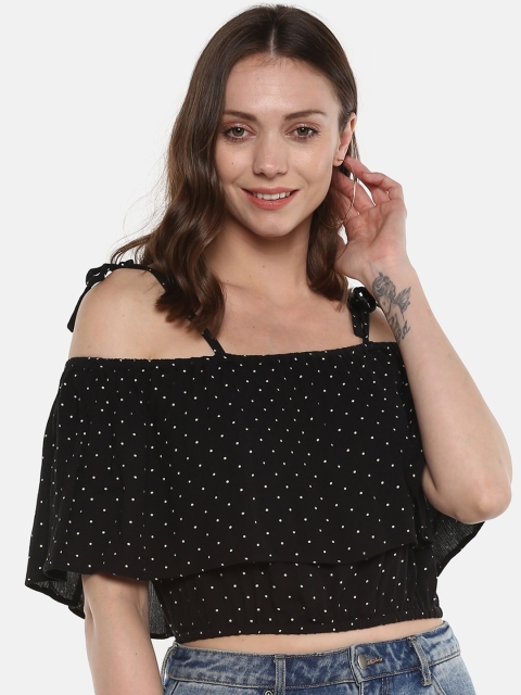 

sassystripes Women Black & Off-White Printed Layered Bardot Crop Top