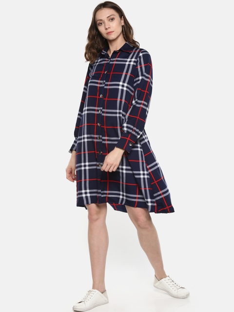 

sassystripes Women Navy & White Checked Shirt Dress, Navy blue