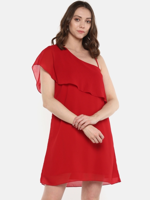 

sassystripes Women Red Solid One-Shoulder Layered A-Line Dress