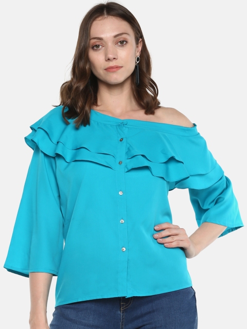 

sassystripes Women Turquoise Blue Solid One Shoulder Top