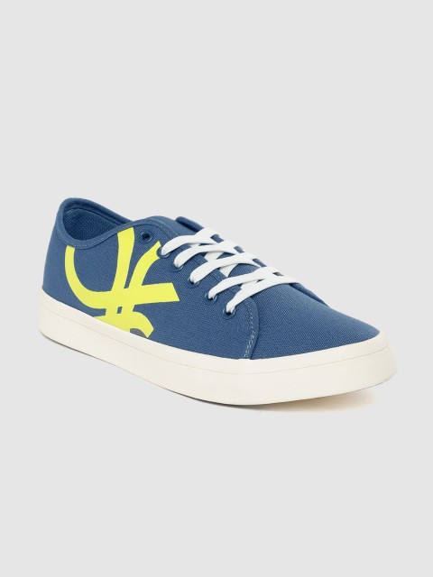 

United Colors of Benetton Men Navy & Yellow Brand Logo Print Sneakers, Navy blue