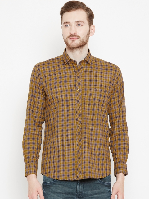 

Shaftesbury London Men Mustard Brown & Navy Blue Smart Slim Fit Checked Casual Shirt