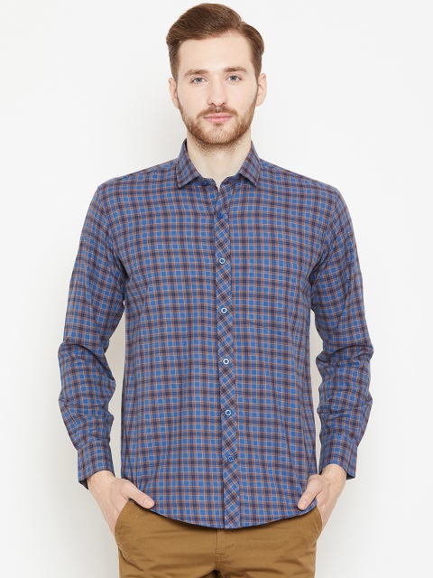 

Shaftesbury London Men Blue & Brown Smart Slim Fit Checked Casual Shirt