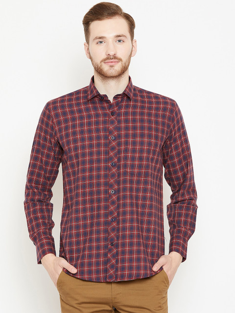 

Shaftesbury London Men Red & Navy Blue Smart Slim Fit Checked Casual Shirt