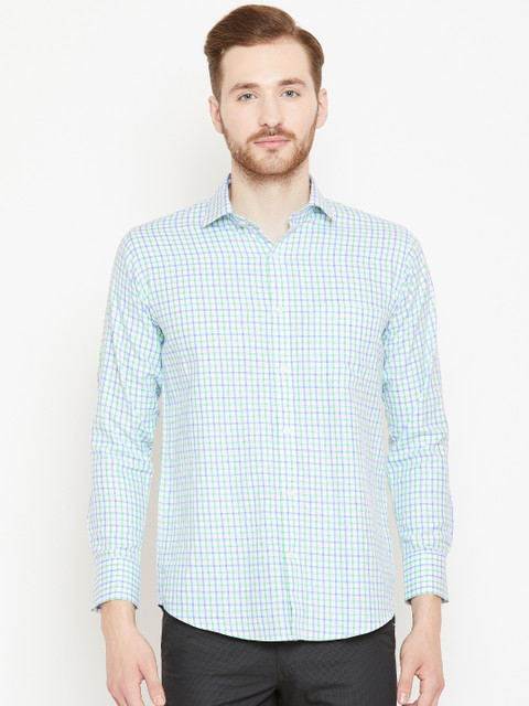 

Shaftesbury London Men White & Blue Smart Slim Fit Checked Casual Shirt