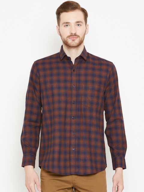 

Shaftesbury London Men Navy Blue & Brown Smart Slim Fit Checked Casual Shirt