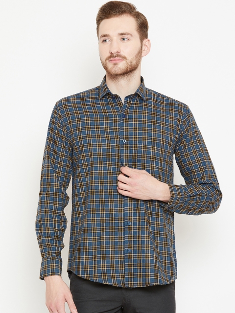 

Shaftesbury London Men Navy Blue & Yellow Smart Slim Fit Checked Casual Shirt