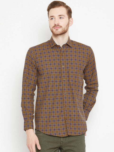 

Shaftesbury London Men Mustard Brown & Navy Blue Smart Slim Fit Checked Casual Shirt