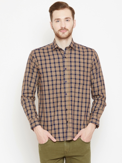 

Shaftesbury London Men Beige & Navy Blue Smart Slim Fit Checked Casual Shirt