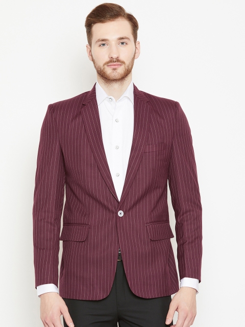 

Shaftesbury London Men Burgundy Slim Fit Striped Single-Breasted Smart Casual Blazer